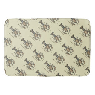 Vintage Lobster Illustration: Coastal Damask  Bath Mat