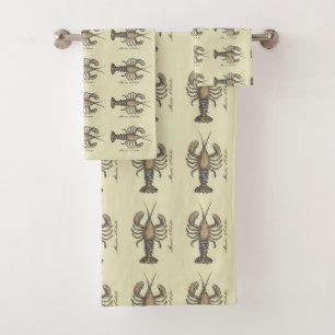 Vintage Lobster Illustration: Coastal Damask Bath Towel Set