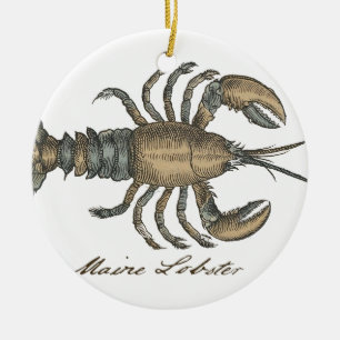 Vintage Lobster Illustration: Coastal Damask Ceramic Ornament
