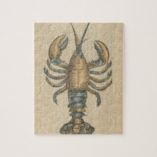 Vintage Lobster Illustration: Coastal Damask  Jigsaw Puzzle