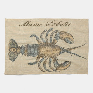 Vintage Lobster Illustration: Coastal Damask Kitchen Towel