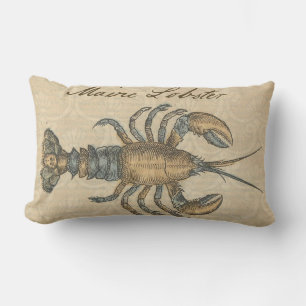 Vintage Lobster Illustration: Coastal Damask Lumbar Pillow