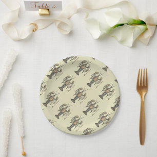 Vintage Lobster Illustration: Coastal Damask Paper Plate