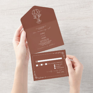 Vintage Lobster Terracotta RSVP Farm Wedding All In One Invitation