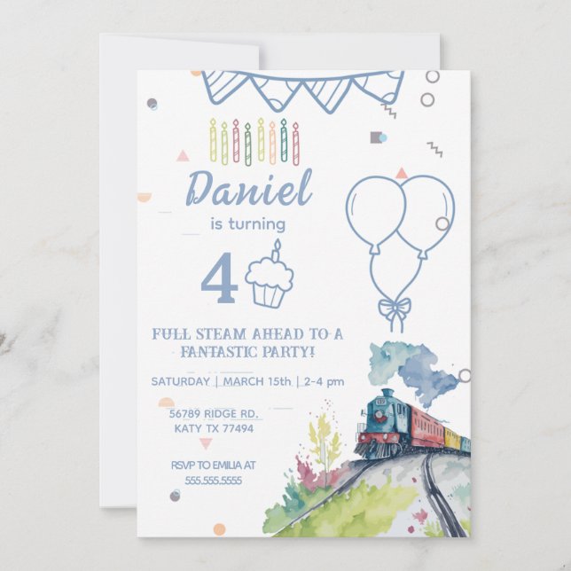 Vintage Locomotive Anniversaire Invitation Train E (Devant)