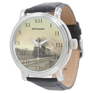 Vintage Locomotive Train Birthday Black Gold Watch