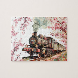 Vintage Locomotive Train Engine cherry blossoms Jigsaw Puzzle
