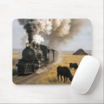 Vintage Locomotive Train In Midwest Great Plains Mouse Pad<br><div class="desc">A vintage steam locomotive travels through the dusty plains of the Midwest,  with black cows grazing in the surrounding farmland</div>