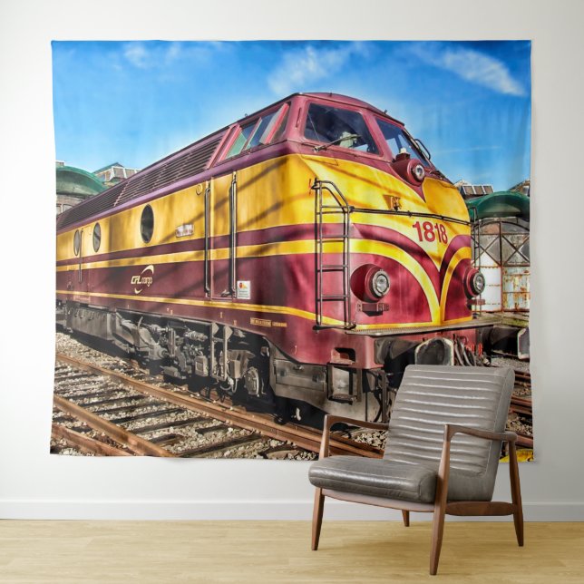 Vintage Locomotive Train Red Yellow Tapestry (In Situ (Horizontal))