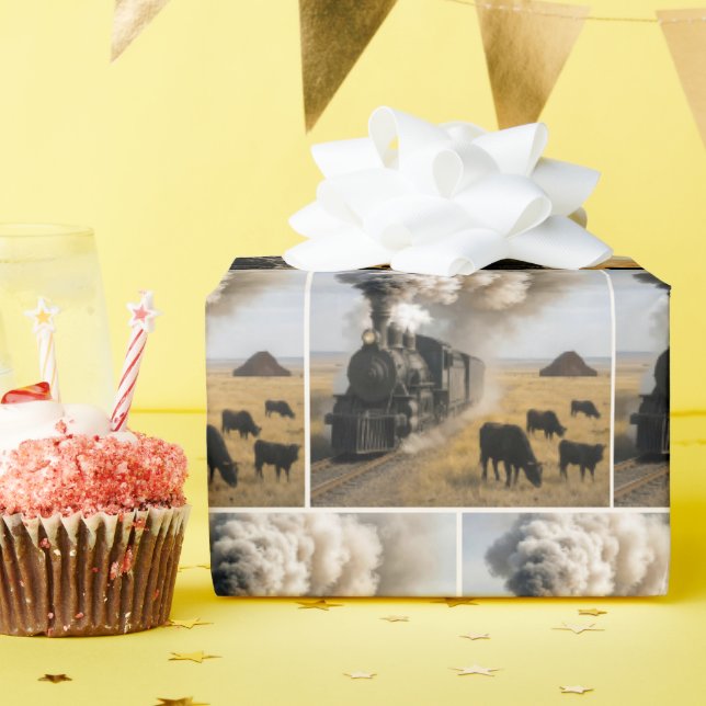 Vintage Locomotive Train with Cows Wrapping Paper (Birthday Party)