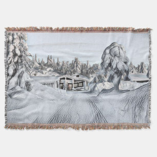 Vintage log cabin in a winter scenery drawing throw blanket