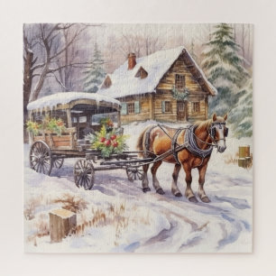 Vintage Log Home With Horse and Covered Wagon Jigsaw Puzzle
