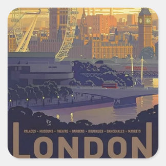 Vintage London Big Ben Parliament Thames River Square Sticker