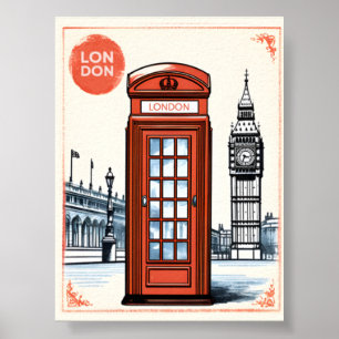 Vintage London City Retro British Phone Booth Poster