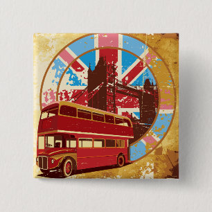 Vintage London Red Double Decker Bus 2 Inch Square Button