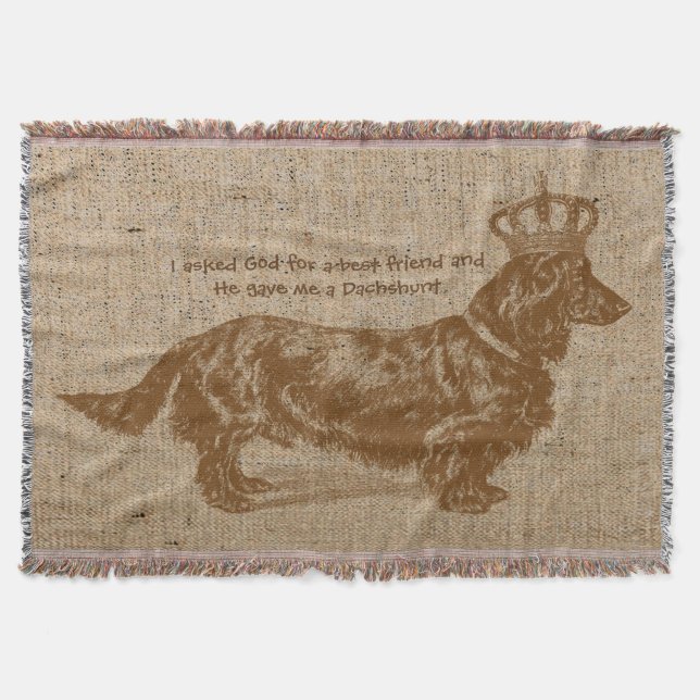 Vintage Long-haired Dachshund Dog Personalized Throw Blanket (Front)