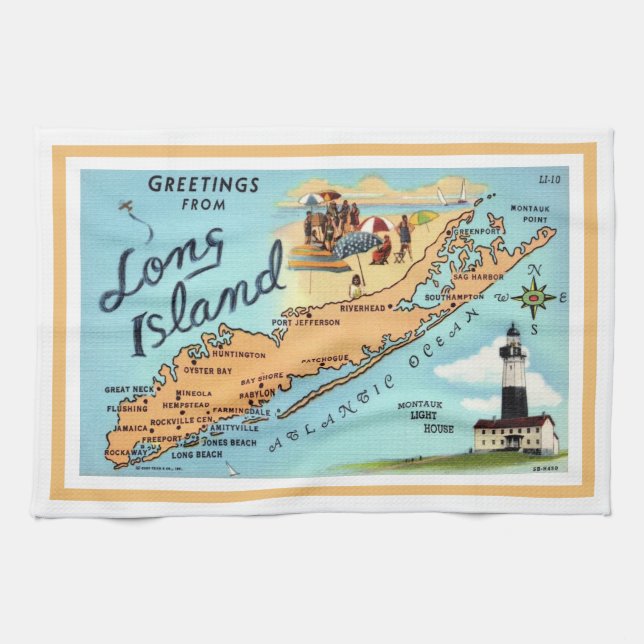 Vintage Long Island Map Bordered Kitchen Towel (Horizontal)
