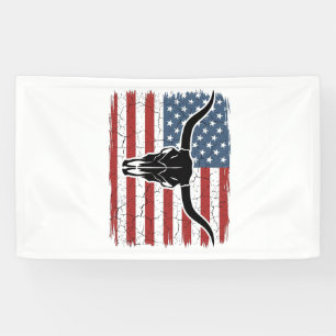 Vintage Longhorn Skull American Flag Vector Design Banner