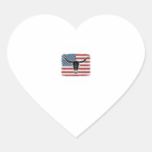 Vintage Longhorn Skull American Flag Vector Design Heart Sticker