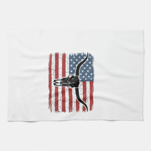 Vintage Longhorn Skull American Flag Vector Design Kitchen Towel