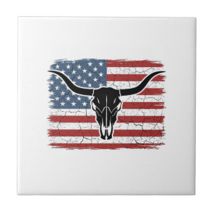 Vintage Longhorn Skull American Flag Vector Design Tile