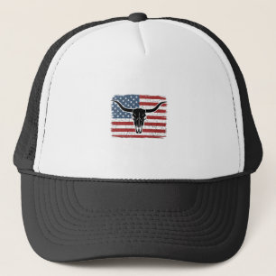 Vintage Longhorn Skull American Flag Vector Design Trucker Hat