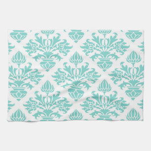Vintage Look Aqua Floral Damask, White Background Kitchen Towel