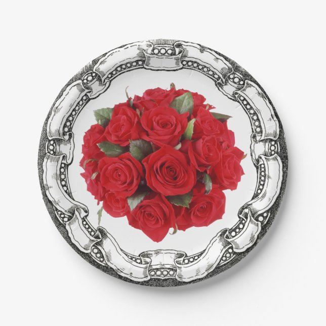 Vintage Look Bouquet Red Roses Paper Plate (Front)