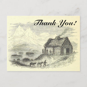 Vintage Look Cabin, Mountains, Lake + "Thank You!" Postcard