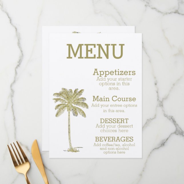 Vintage Look Coconut Palm Tree Beach Wedding Menu (Front/Back In Situ)