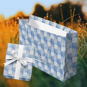 Vintage Look Denim Blue Creamy White Patchwork  Large Gift Bag