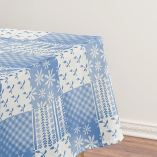 Vintage Look Denim Blue Creamy White Patchwork Tablecloth