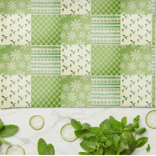 Vintage Look Green Yellow Ecru Patchwork  Kitchen Towel