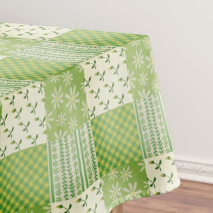 Vintage Look Green Yellow Ecru Patchwork  Tablecloth