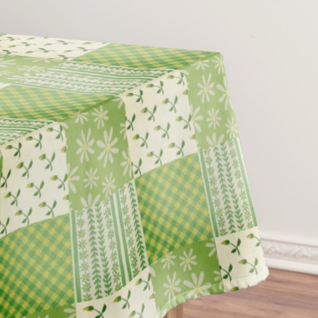 Vintage Look Green Yellow Ecru Patchwork  Tablecloth (Springtime fresh patchwork for your table!)