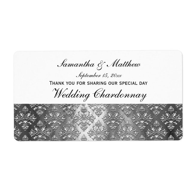 Vintage Look Grey & Silver Damask #3 Wine Label (Front)