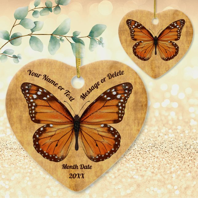 Vintage Look Heart Shaped Butterfly Ornaments (Personalized Butterfly Ornaments. Butterfly Memorial Ornaments. Monarch butterfly memorial gift.)