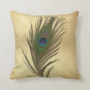 Vintage Look Peacock Feather on Gold Throw Pillow