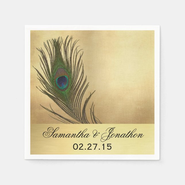 Vintage Look Peacock Feather Wedding Napkin (Front)