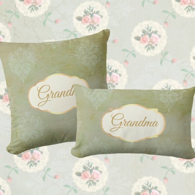 Vintage Look Personalized Faded Green Damask  Throw Pillow (A charming vintage style gift for someone special...)