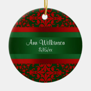 Vintage Look Red & Green Damask #2 Ceramic Ornament