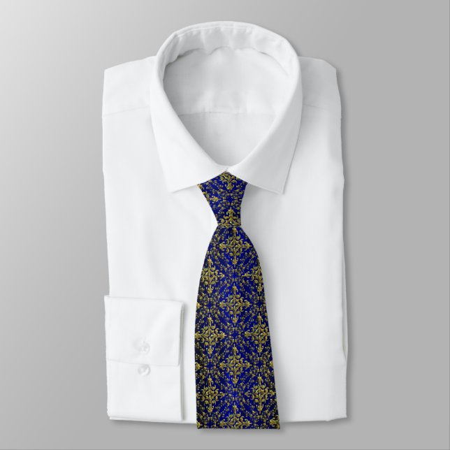 Vintage Look Royal Blue & Gold Damask #2 Tie (Tied)