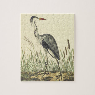 Vintage Look, Tall Standing Bird, Cattails Jigsaw Puzzle