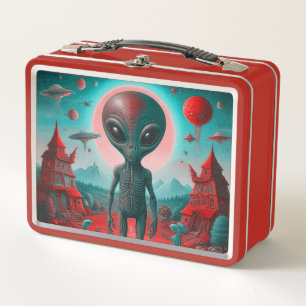 Vintage looking lunch box with alien print