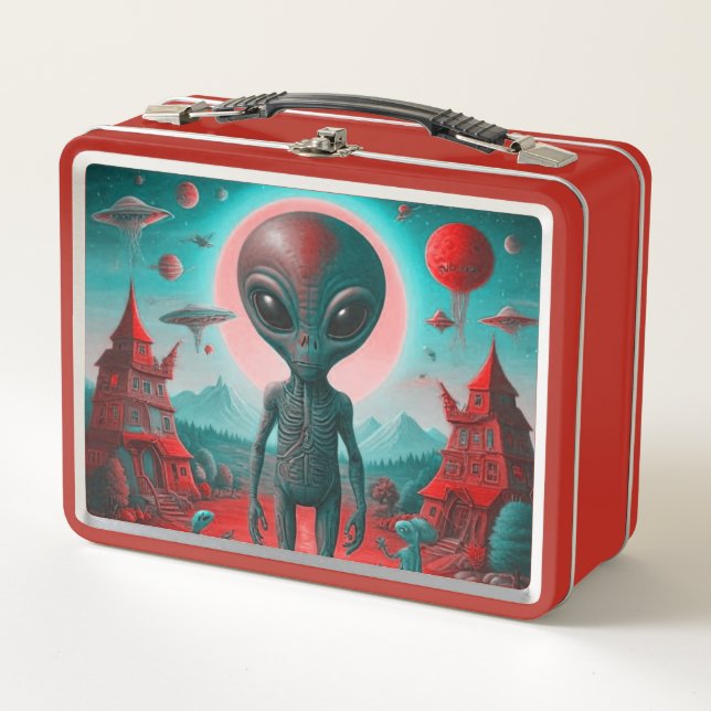 Vintage looking lunch box with alien print (Front)