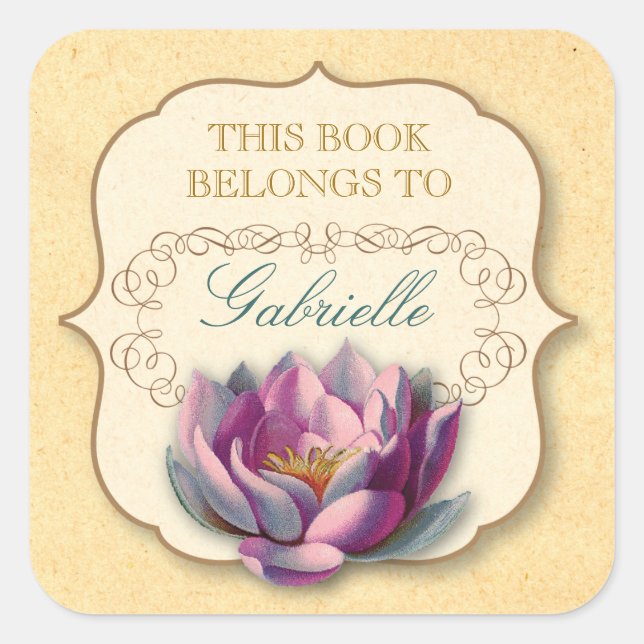 Vintage lotus bookplate square sticker (Front)