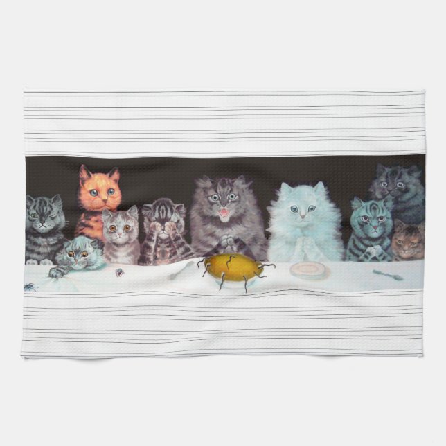 Vintage Louis Wain Cats Supper Art Tea Towel (Horizontal)