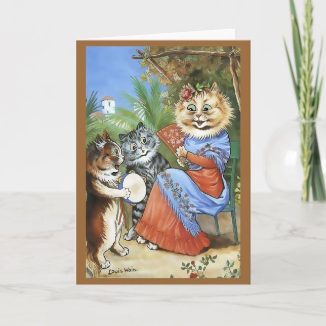 Vintage Louis Wain Tambourine Cat Card (Front)
