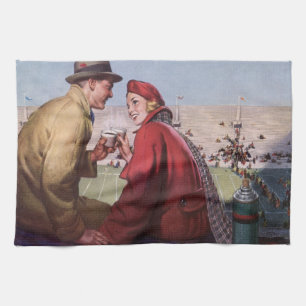 Vintage Love and Romance, Couple at Football Game Kitchen Towel