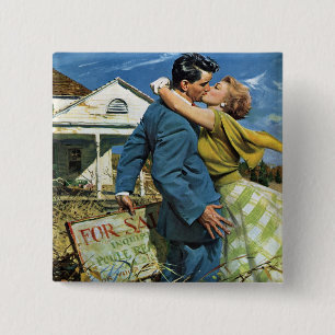 Vintage Love and Romance Newlyweds Buy First House 2 Inch Square Button